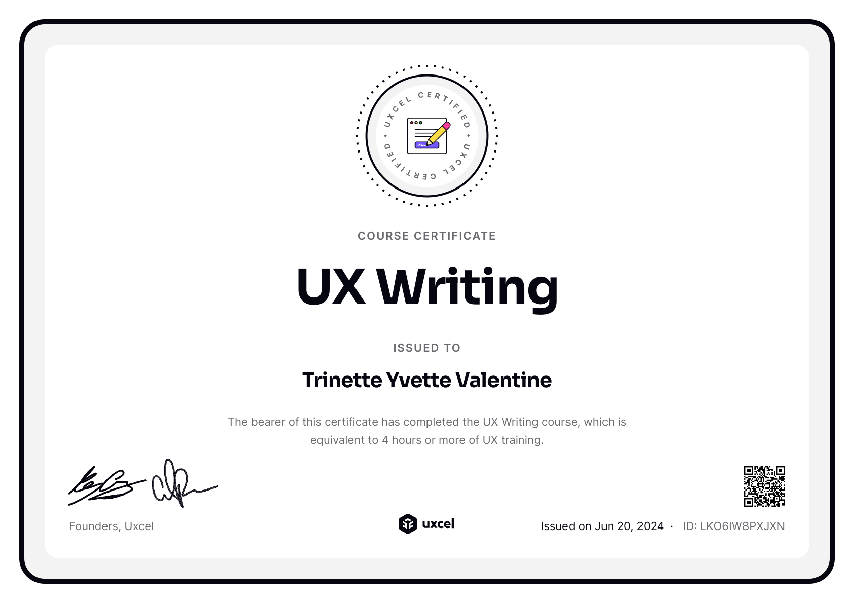 Trinette Yvette Valentine's certificate